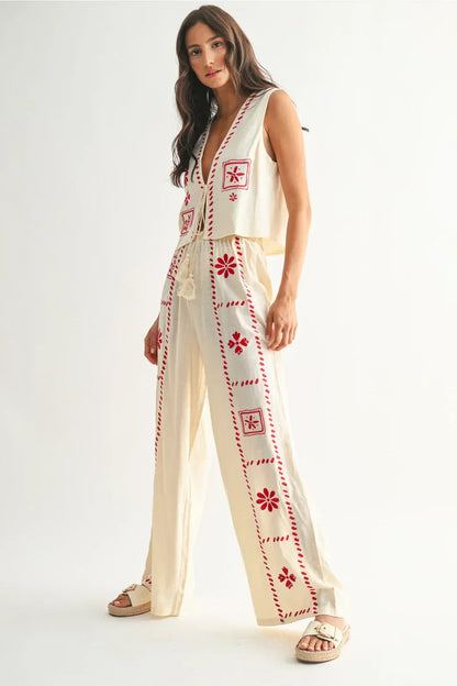 Dames Linnen Co Ord Set Met Borduursel
