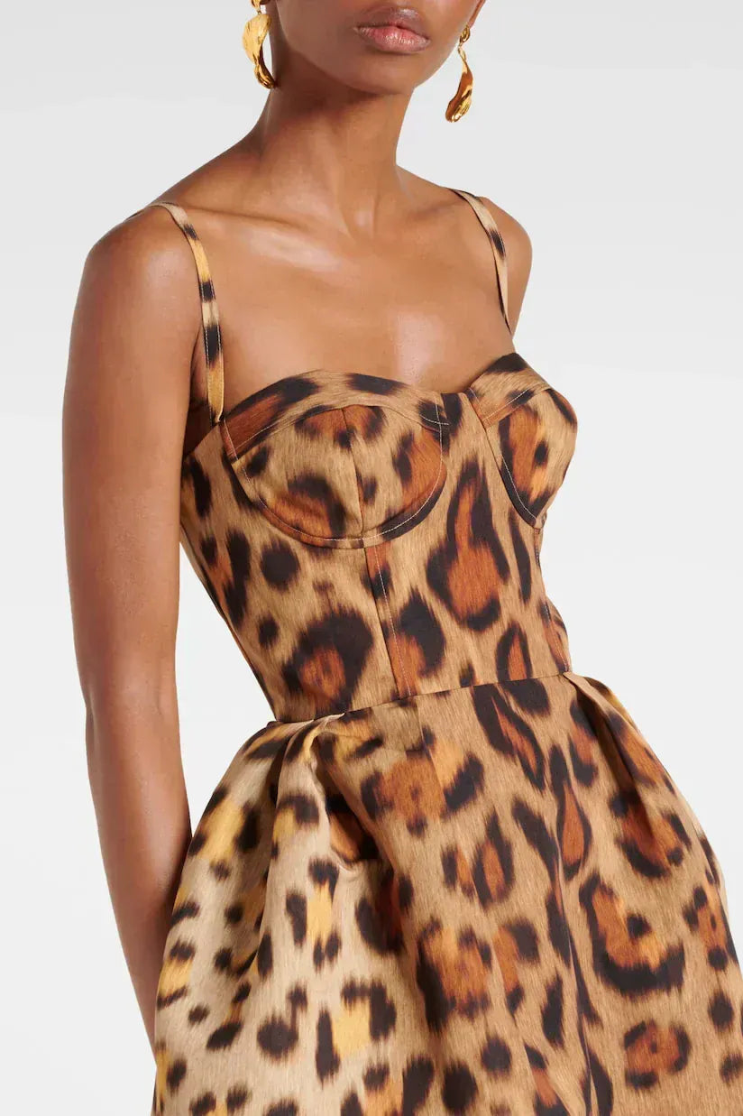 Dames Luipaardprint Midi Jurk Met Corsetpasvorm