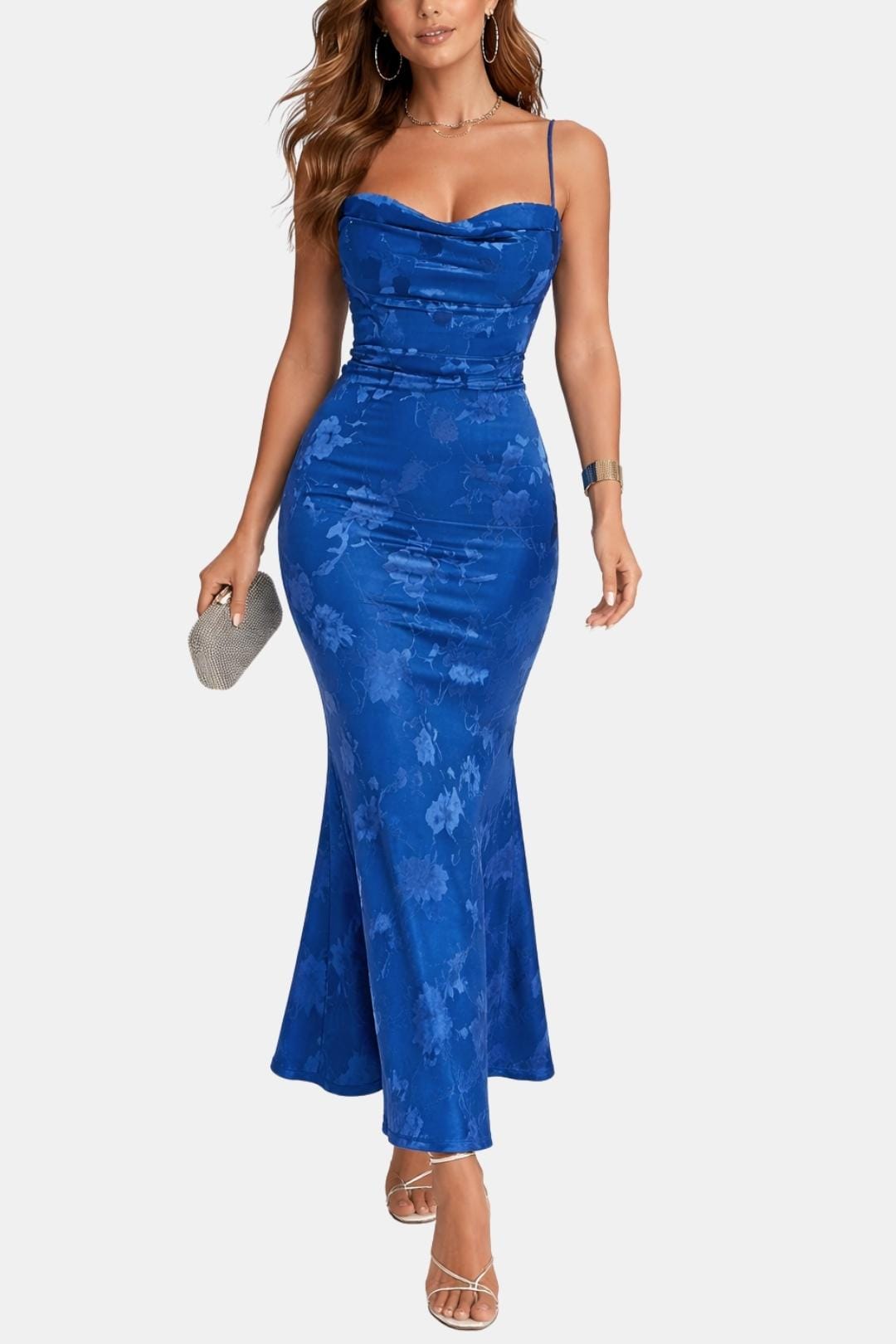 Dames Maxi Cocktailjurk met Bloemenprint en Waterval Halslijn Blauw