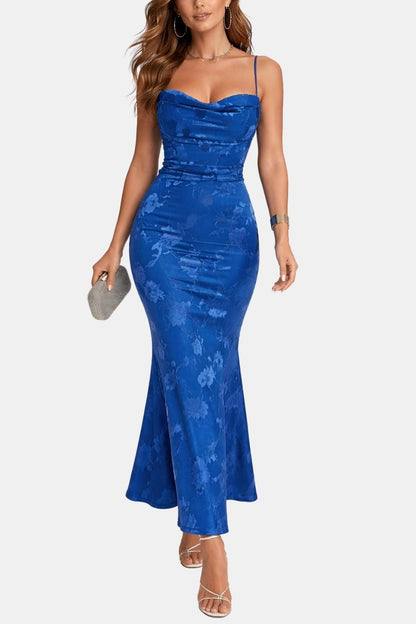Dames Maxi Cocktailjurk met Bloemenprint en Waterval Halslijn Blauw