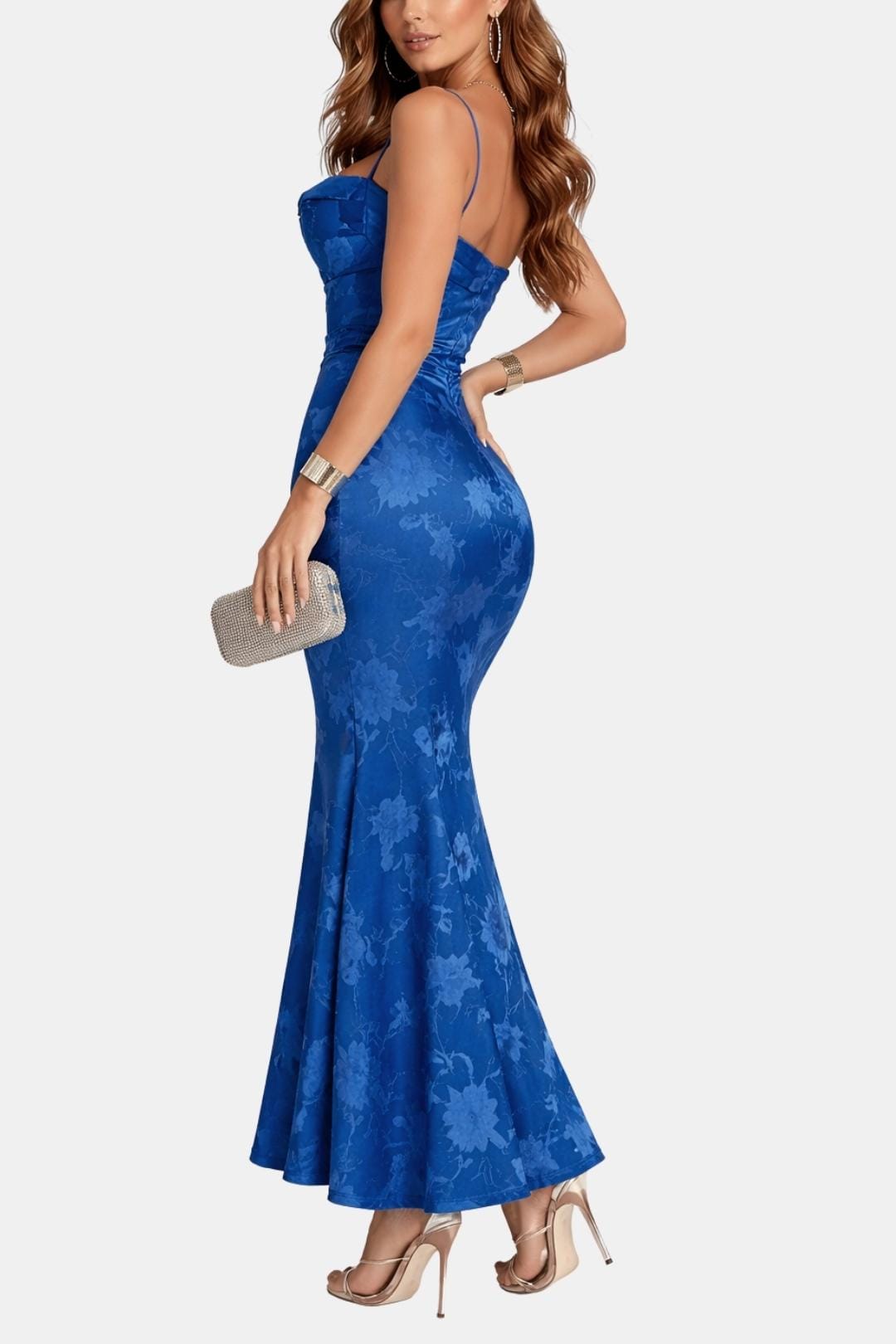 Dames Maxi Cocktailjurk met Bloemenprint en Waterval Halslijn Blauw
