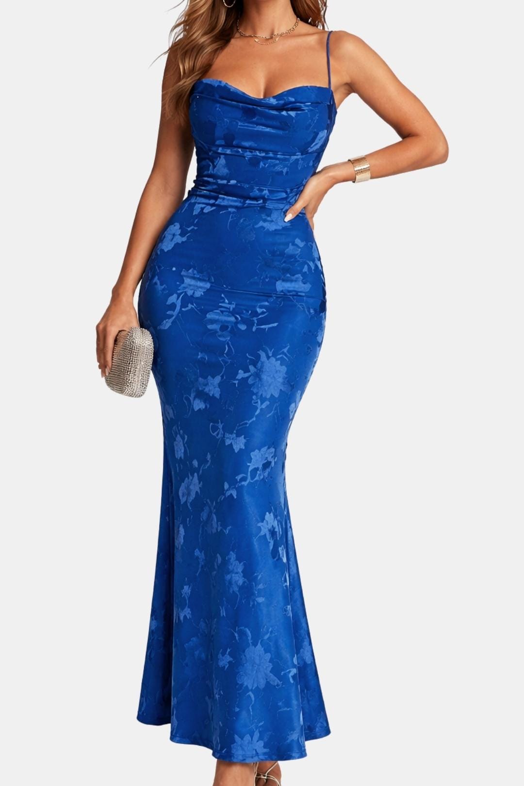 Dames Maxi Cocktailjurk met Bloemenprint en Waterval Halslijn Blauw