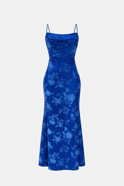 Dames Maxi Cocktailjurk met Bloemenprint en Waterval Halslijn Blauw