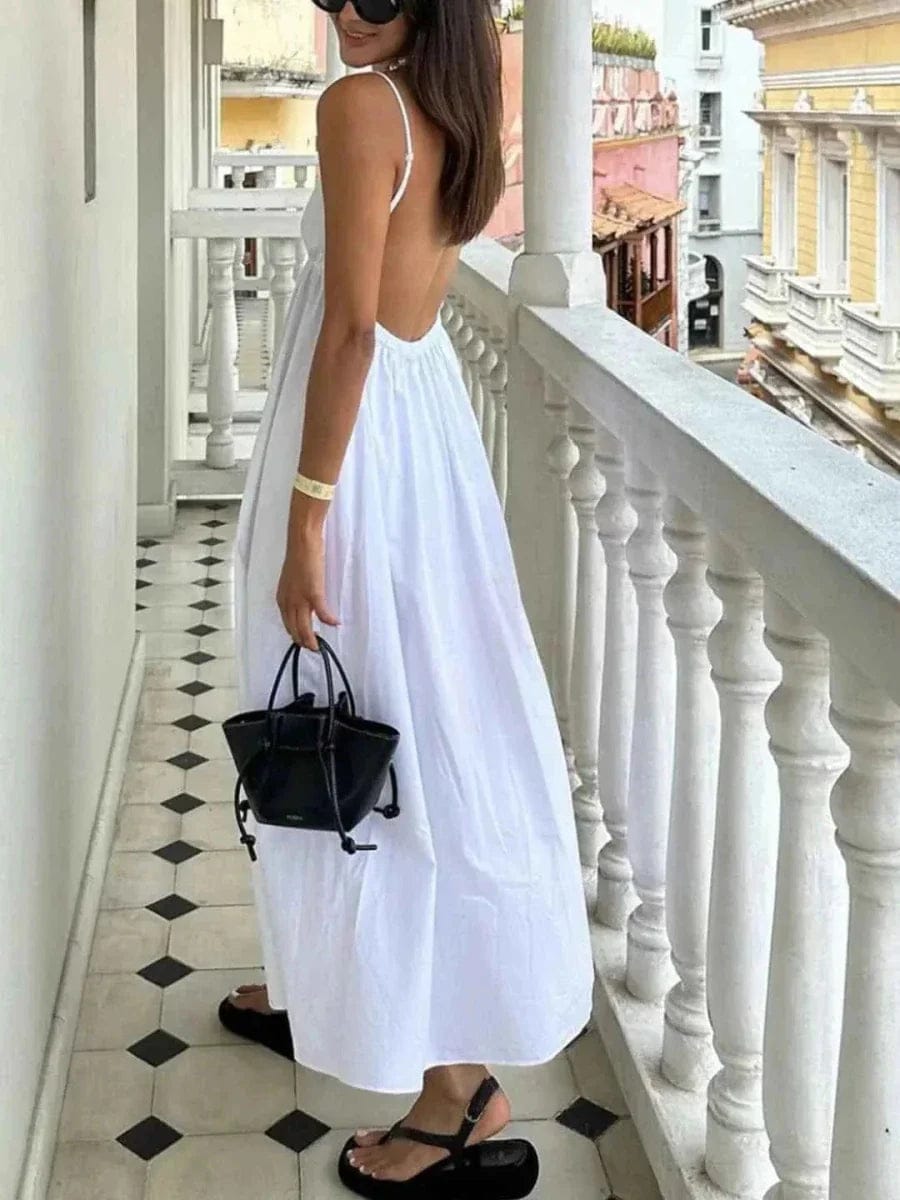 Dames Maxi Jurk Diepe V-Hals Spaghettibandjes Open Rug Wit