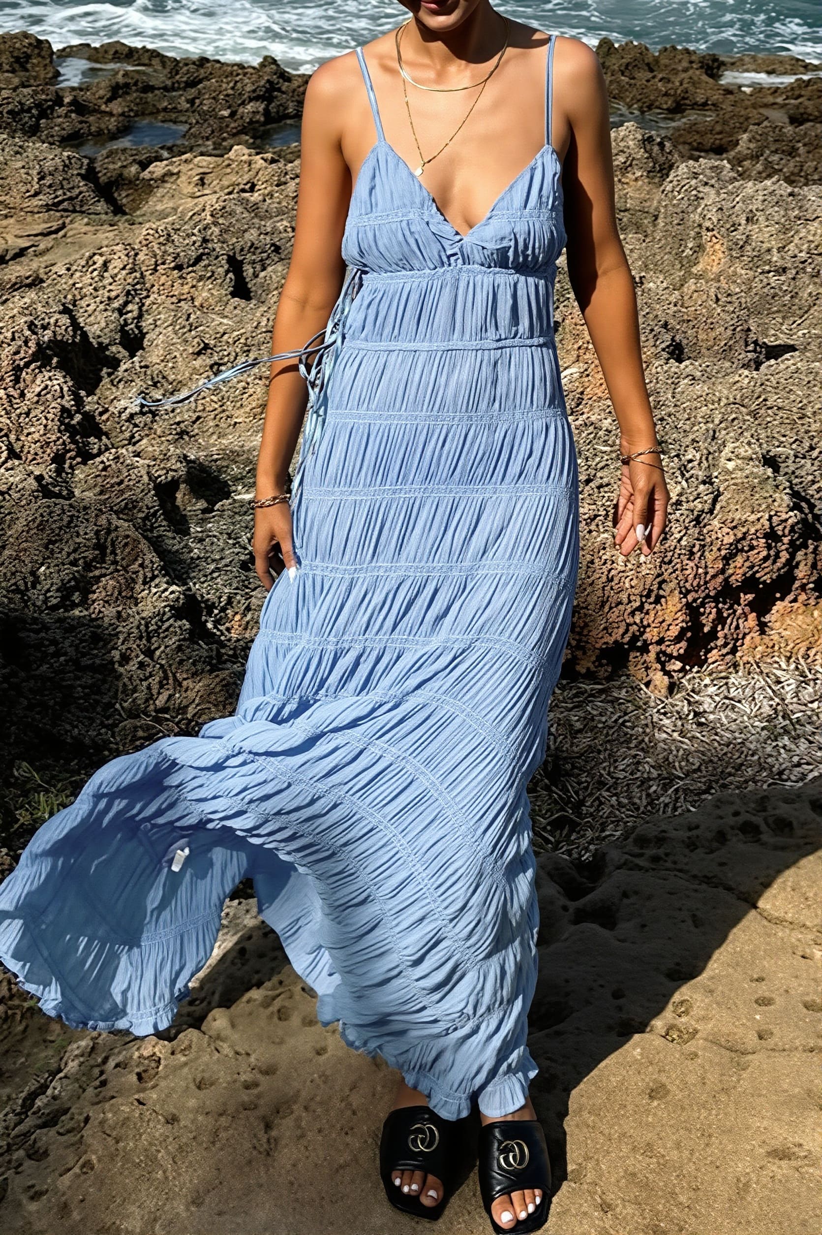 Dames Maxi Jurk Geribde Knit Met Diepe V Hals
