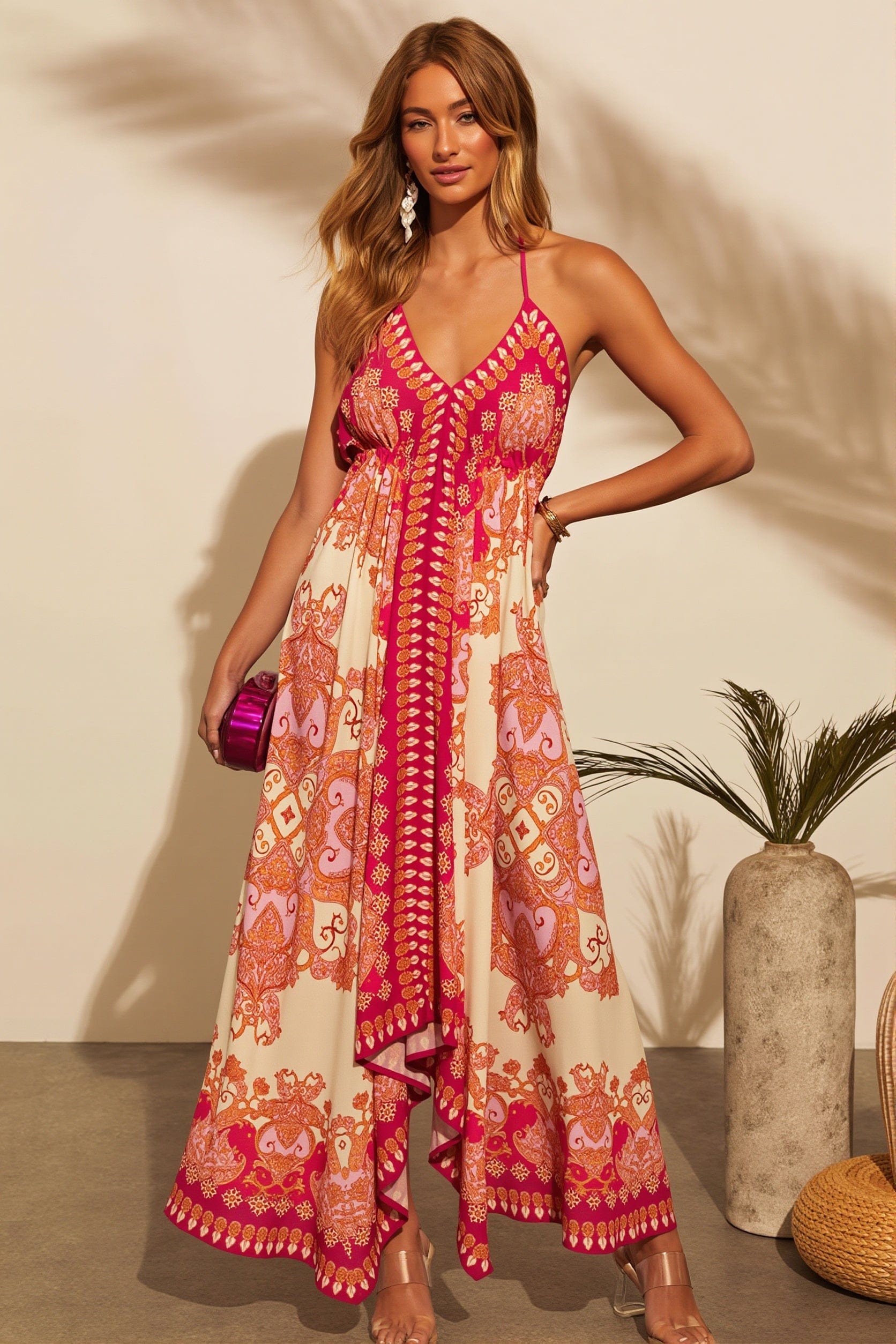 Dames Maxi Jurk Halter Met Print En Open Rug