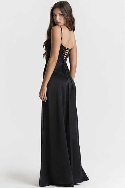 Dames Maxi Jurk Jacquard Satijn Met Vierkante Hals