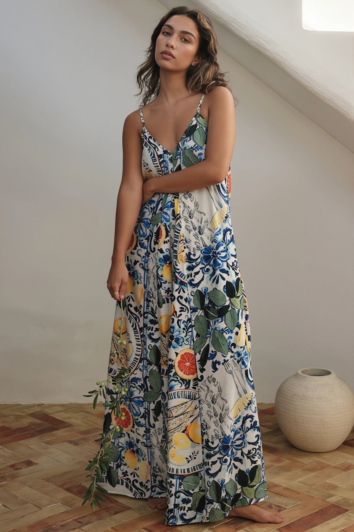 Dames Maxi Jurk Met Bladprint En Losse Pasvorm