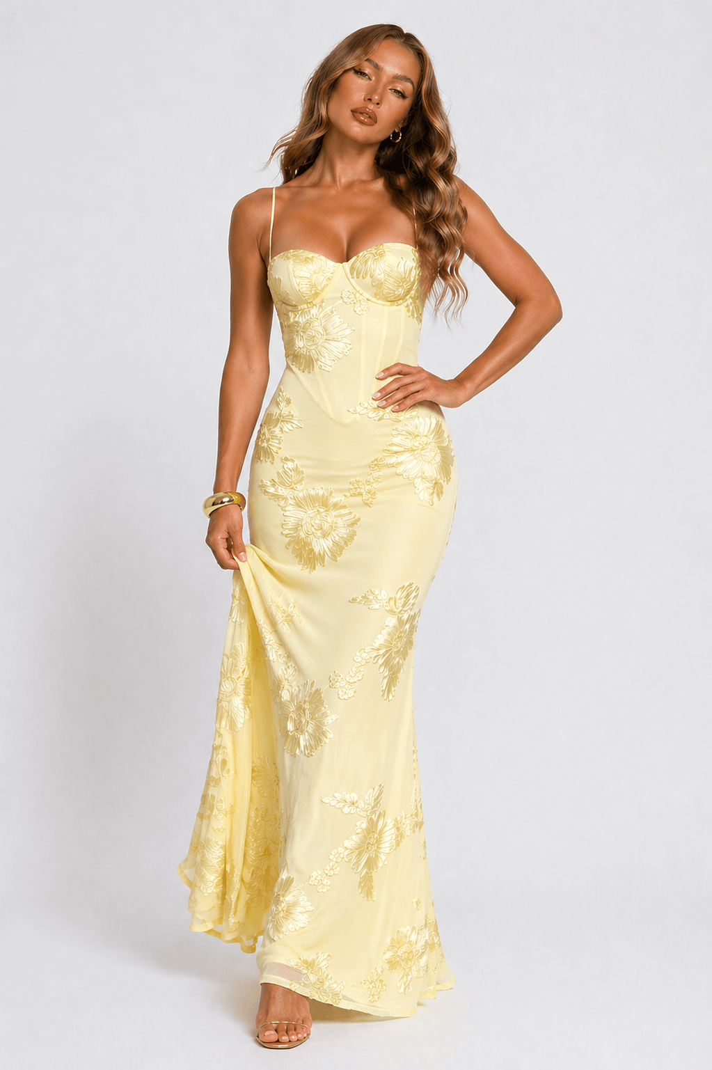 Dames Maxi Jurk Met Bloemenjacquard En Corsetpasvorm