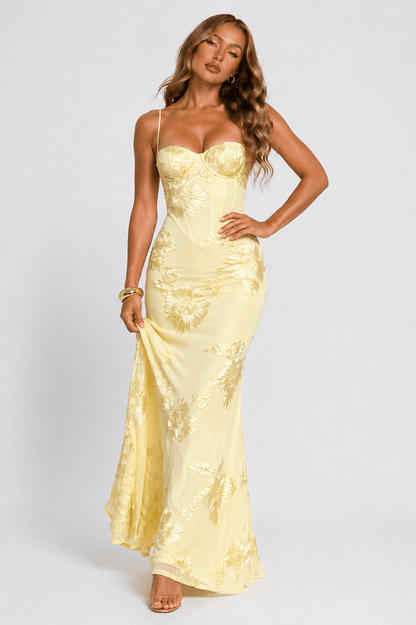 Dames Maxi Jurk Met Bloemenjacquard En Corsetpasvorm