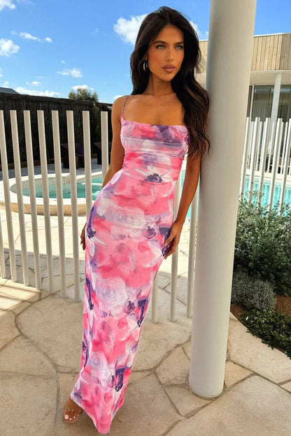 Dames maxi-jurk met bloemenprint en gedrapeerde halslijn
