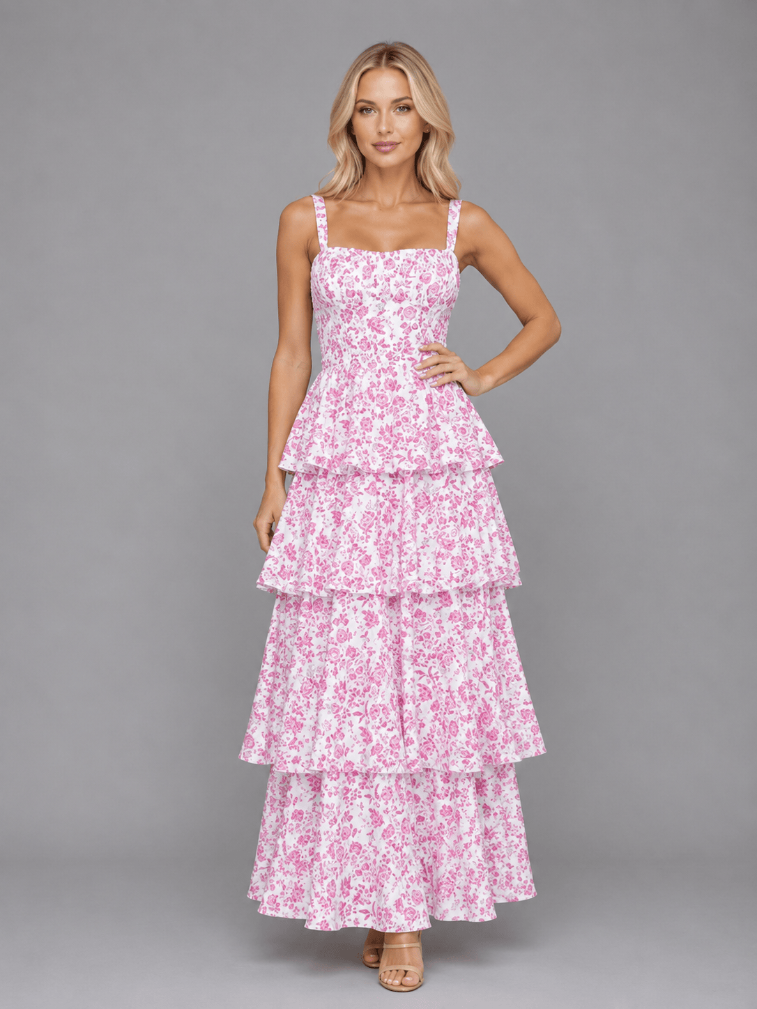 Dames Maxi Jurk Met Bloemenprint En Gelaagde Rok