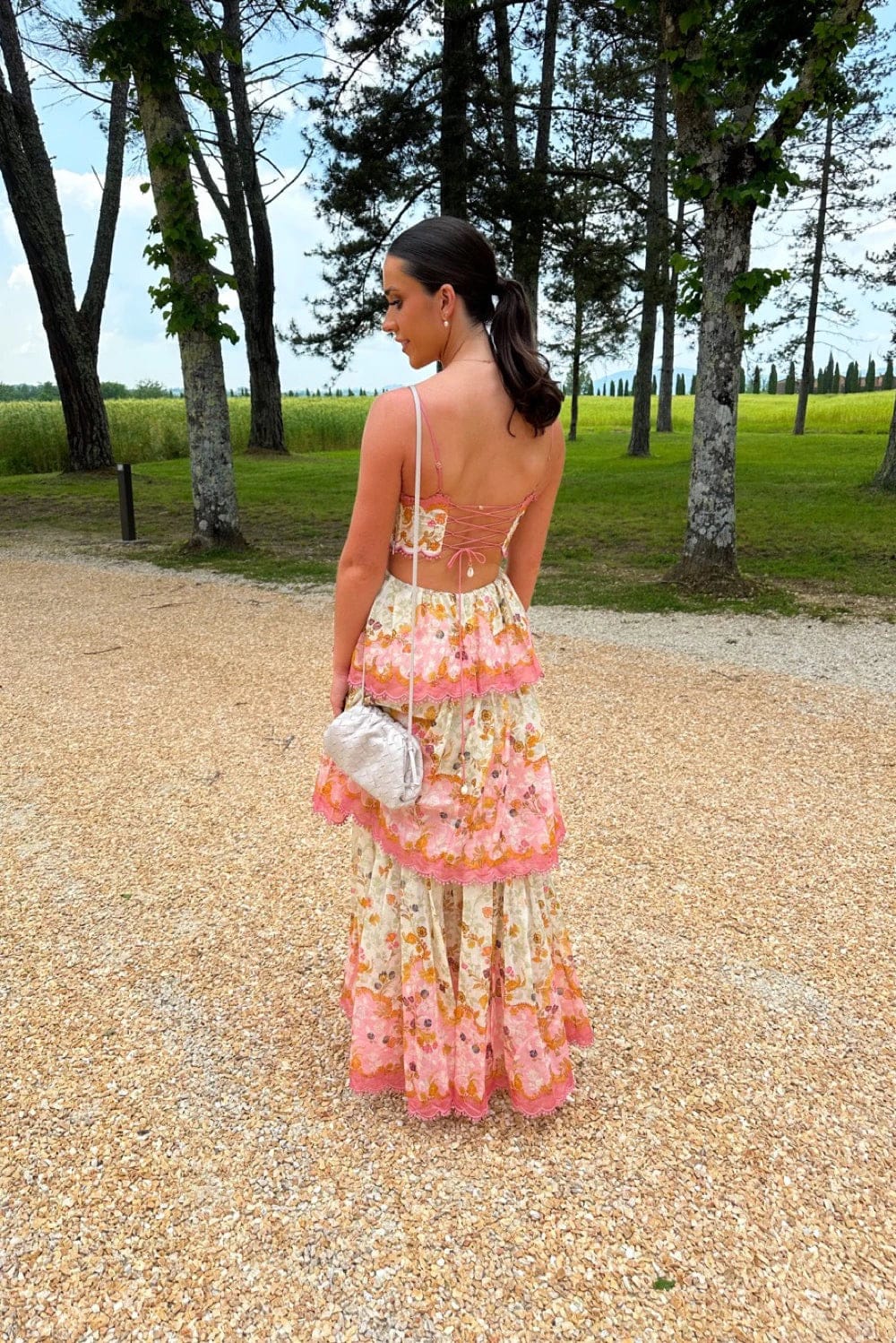 Dames Maxi Jurk met Bloemenprint en Gelaagde Rok Roze