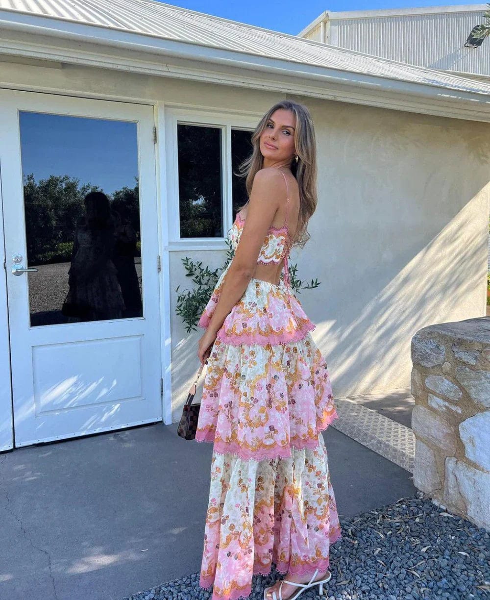 Dames Maxi Jurk met Bloemenprint en Gelaagde Rok Roze