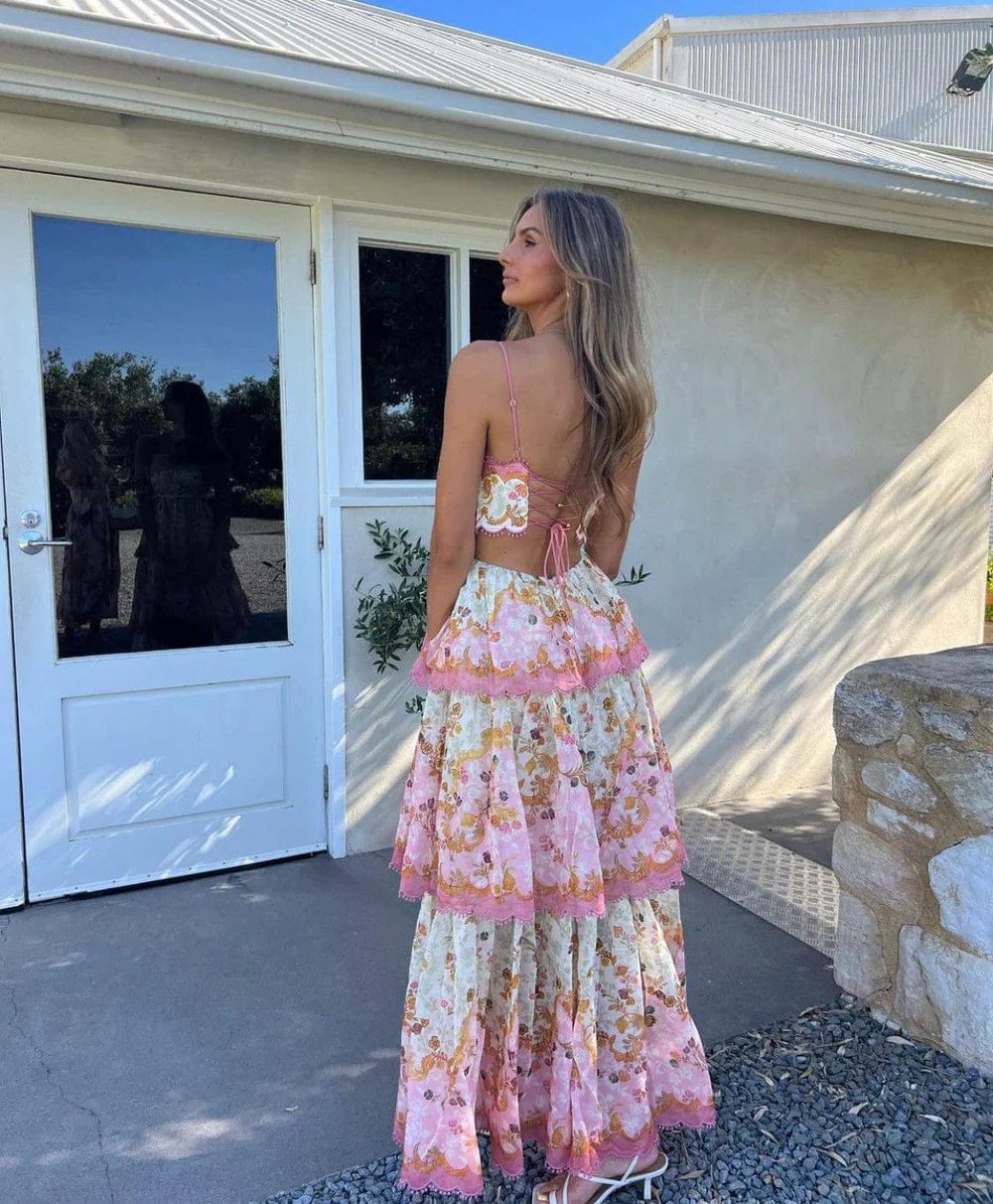 Dames Maxi Jurk met Bloemenprint en Gelaagde Rok Roze