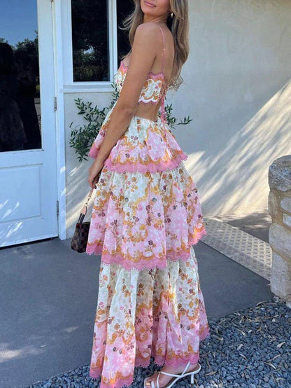 Dames Maxi Jurk met Bloemenprint en Gelaagde Rok Roze