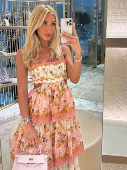 Dames Maxi Jurk met Bloemenprint en Gelaagde Rok Roze