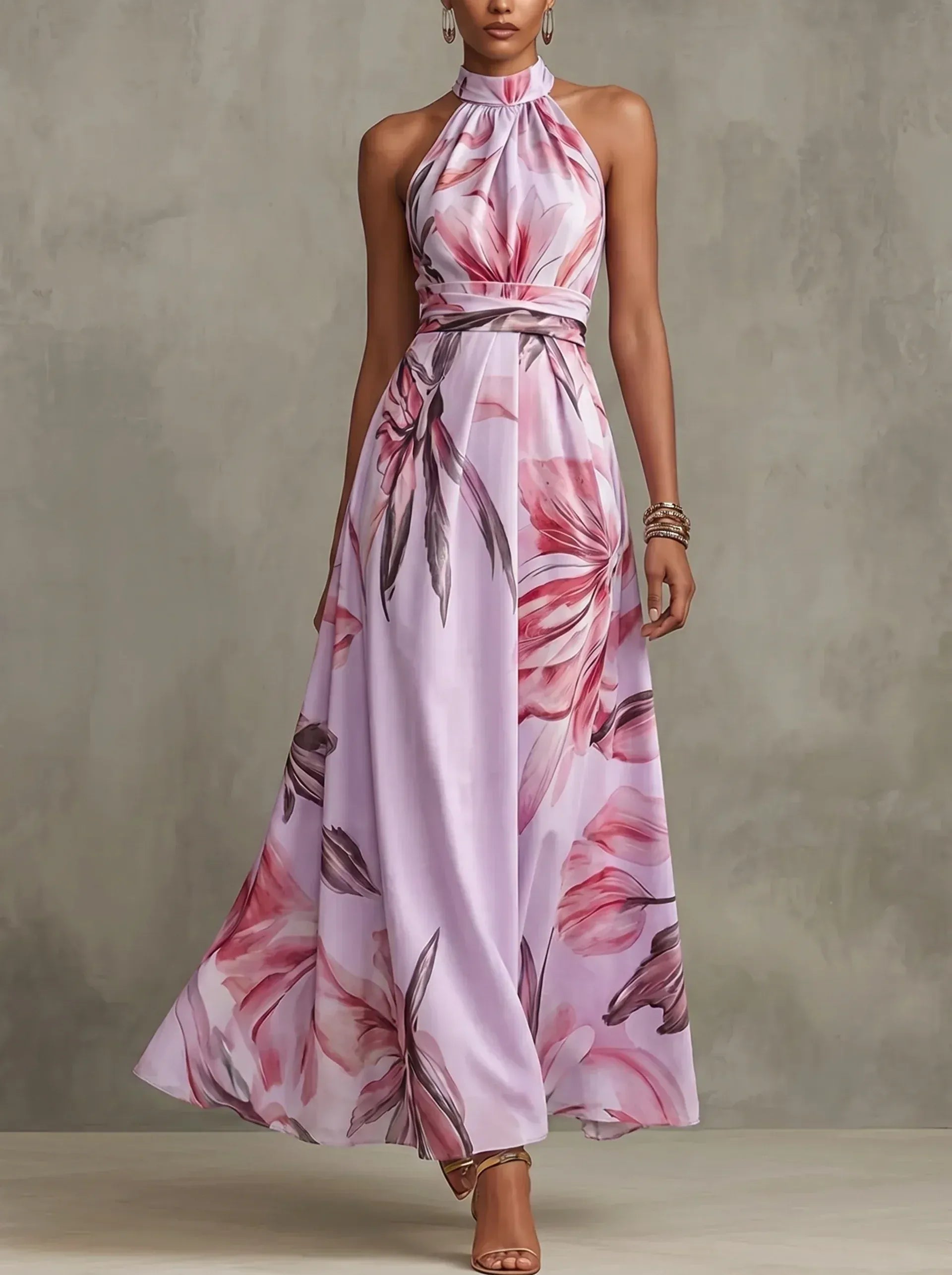 Dames Maxi Jurk Met Bloemenprint En Hoge Taille Roze