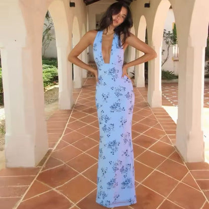 Dames Maxi Jurk Met Bloemenprint En Open Rug Blauw