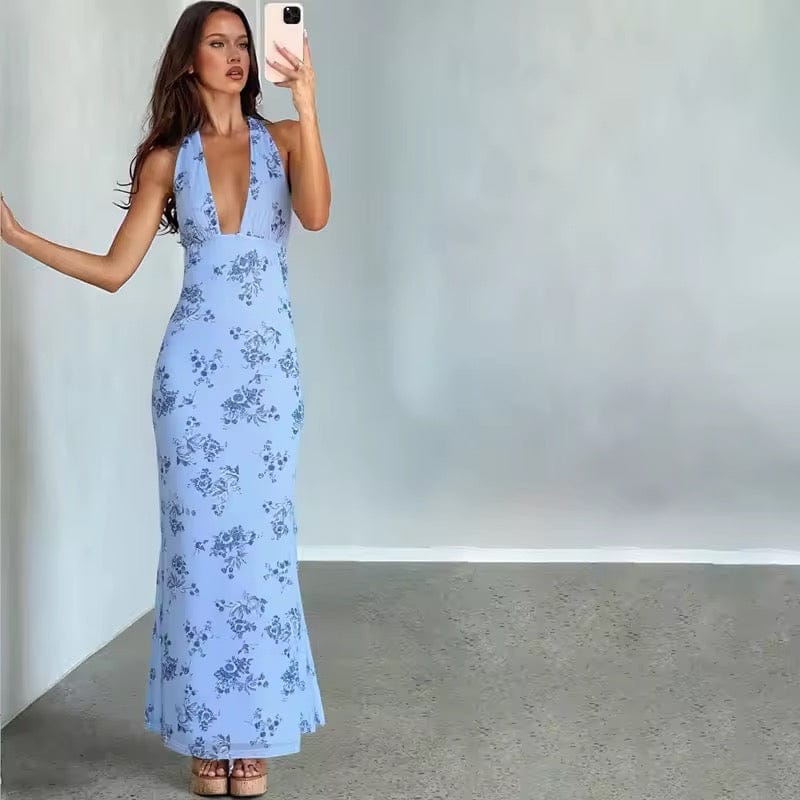 Dames Maxi Jurk Met Bloemenprint En Open Rug Blauw