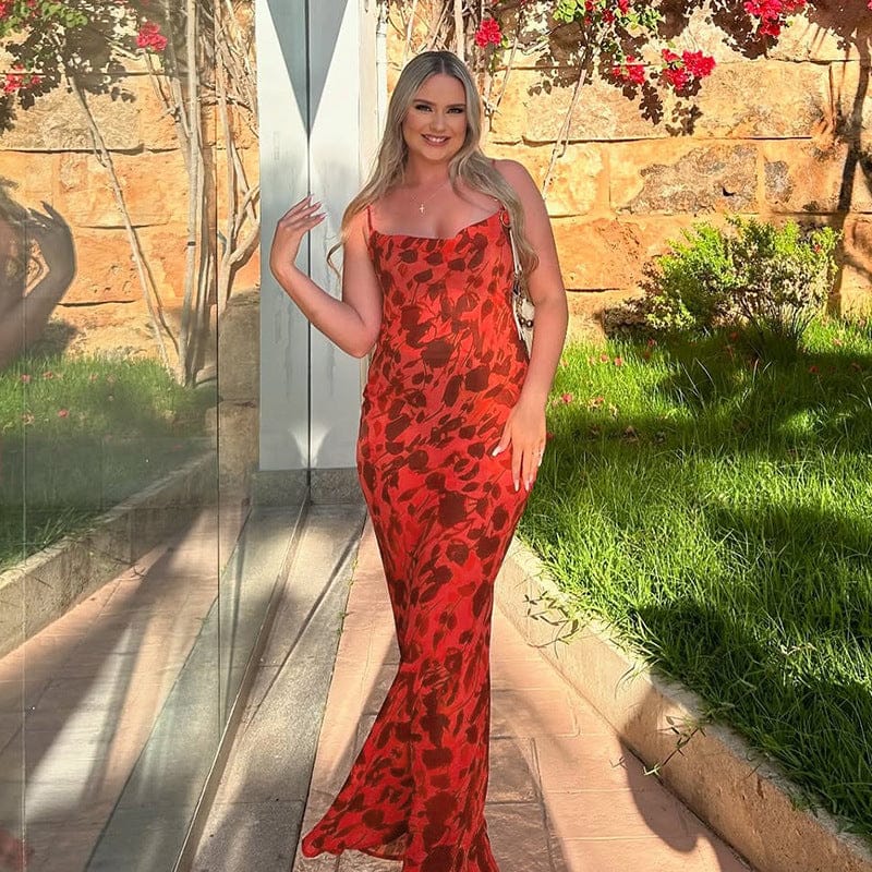 Dames maxi-jurk met bloemenprint en spaghettibandjes rood