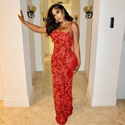 Dames maxi-jurk met bloemenprint en spaghettibandjes rood