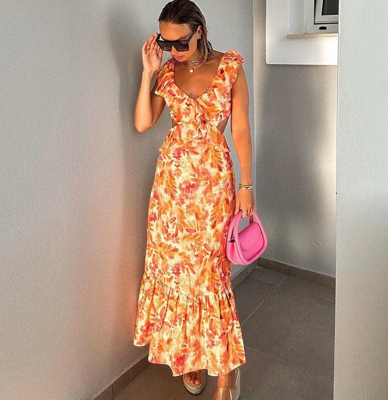 Dames Maxi Jurk Met Bloemenprint en Volant Oranje