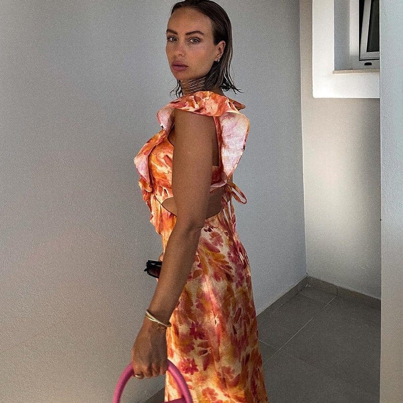 Dames Maxi Jurk Met Bloemenprint en Volant Oranje