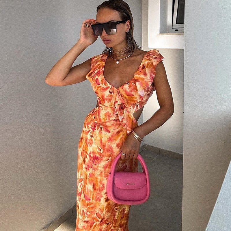 Dames Maxi Jurk Met Bloemenprint en Volant Oranje