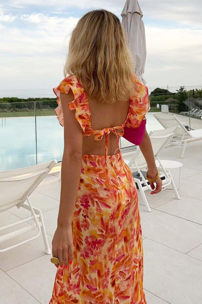 Dames Maxi Jurk Met Bloemenprint en Volant Oranje