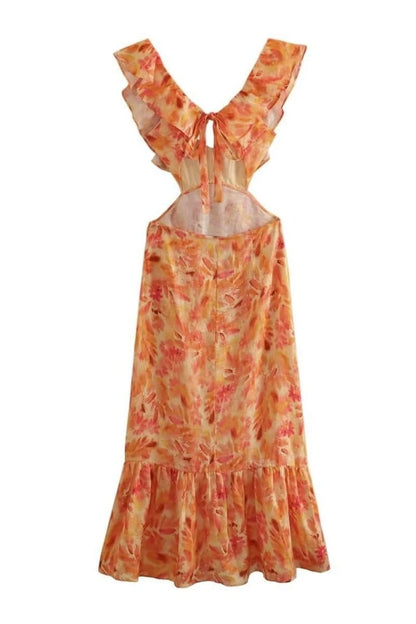 Dames Maxi Jurk Met Bloemenprint en Volant Oranje