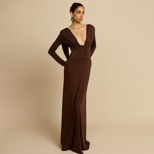Dames Maxi Jurk Met Diepe V Hals En Lange Mouwen