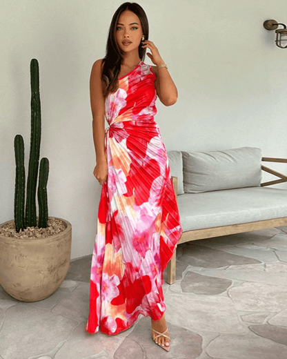 Dames Maxi-jurk met geplooide one-shoulder en bloemenpatroon