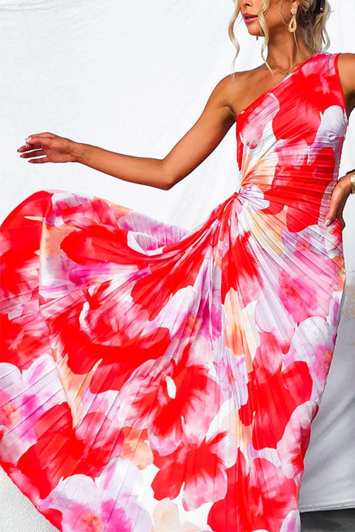 Dames Maxi-jurk met geplooide one-shoulder en bloemenpatroon
