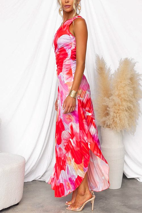 Dames Maxi-jurk met geplooide one-shoulder en bloemenpatroon
