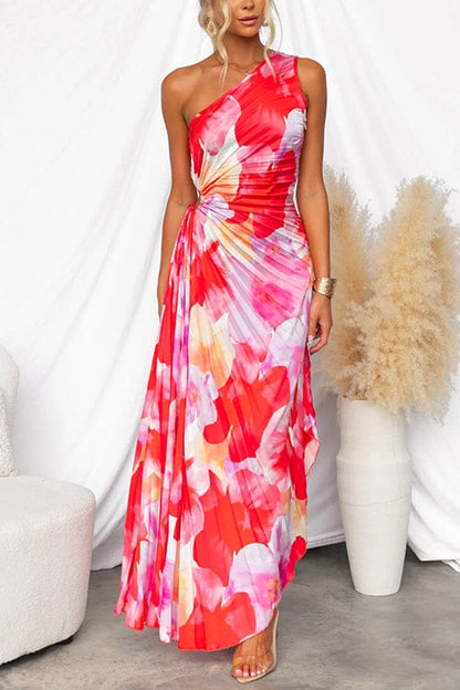 Dames Maxi-jurk met geplooide one-shoulder en bloemenpatroon