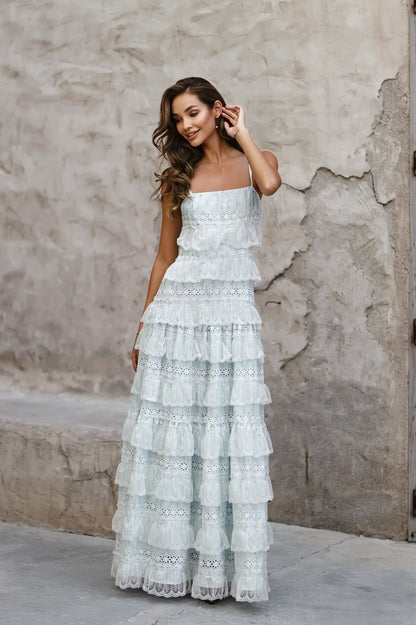 Dames Maxi Jurk Met Kantdetail En Volantzoom