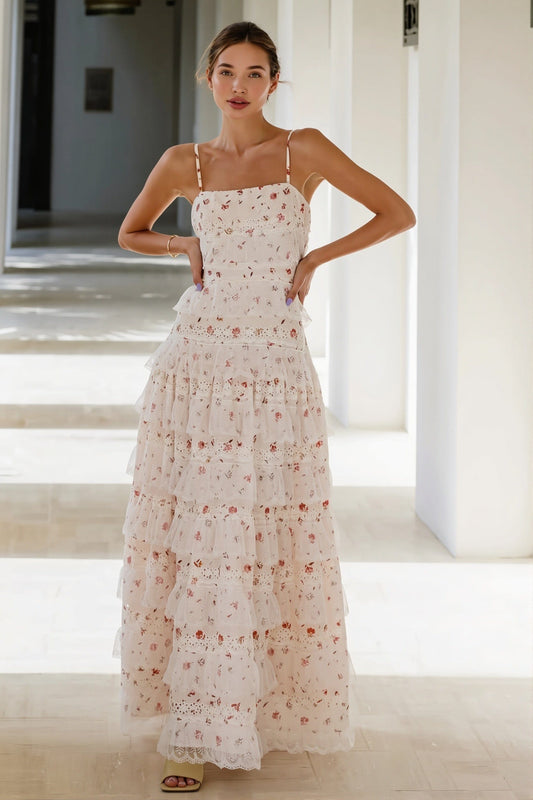 Dames Maxi Jurk Met Kantdetail En Volantzoom