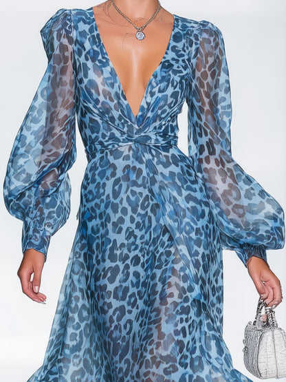 Dames Maxi Jurk Met Luipaardprint En Diepe V Hals Blauw