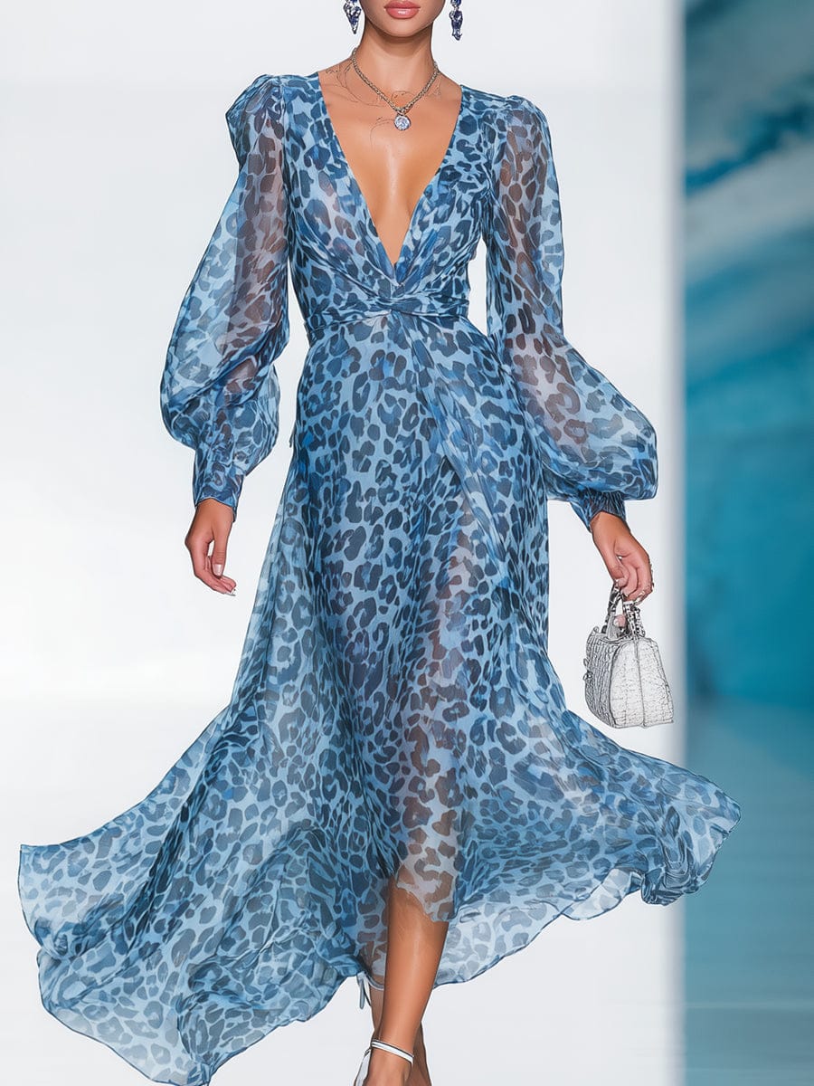 Dames Maxi Jurk Met Luipaardprint En Diepe V Hals Blauw