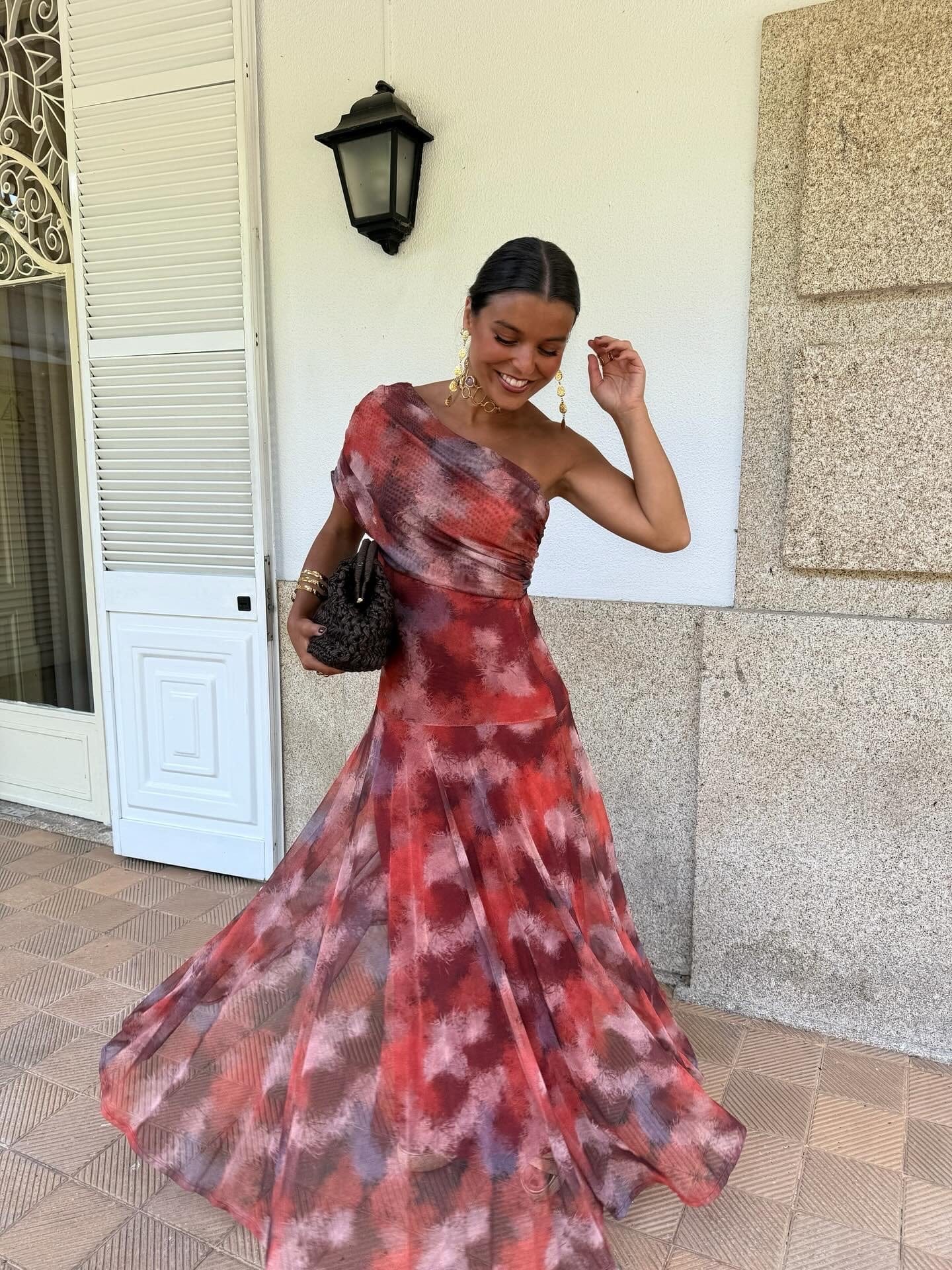 Dames Maxi Jurk Met One Shoulder Print