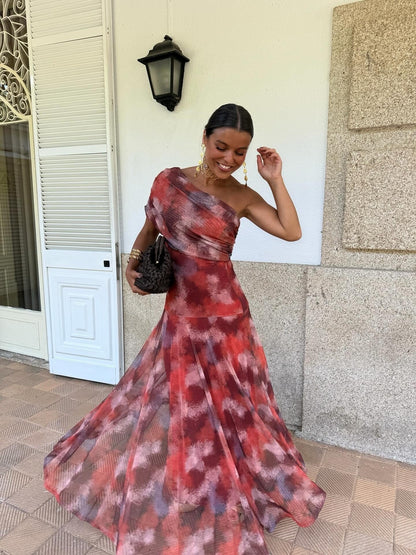 Dames Maxi Jurk Met One Shoulder Print