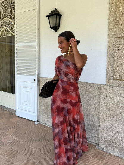 Dames Maxi Jurk Met One Shoulder Print