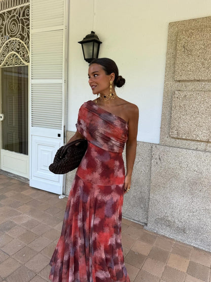 Dames Maxi Jurk Met One Shoulder Print