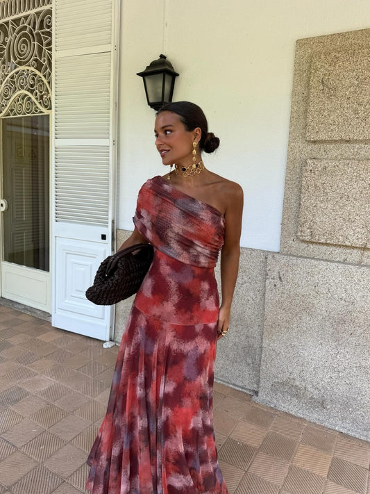 Dames Maxi Jurk Met One Shoulder Print