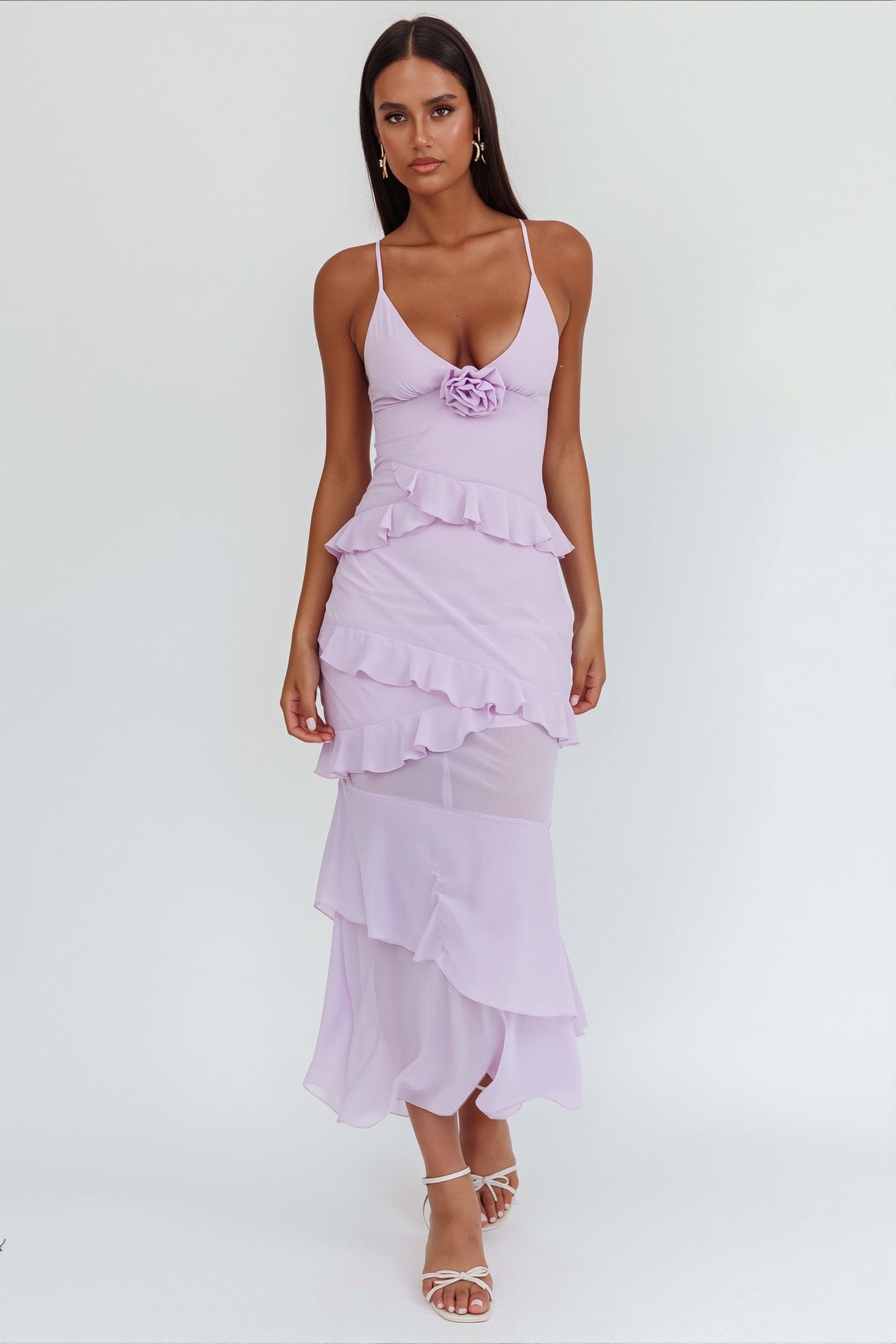 Dames Maxi Jurk Met Ruches En V Hals