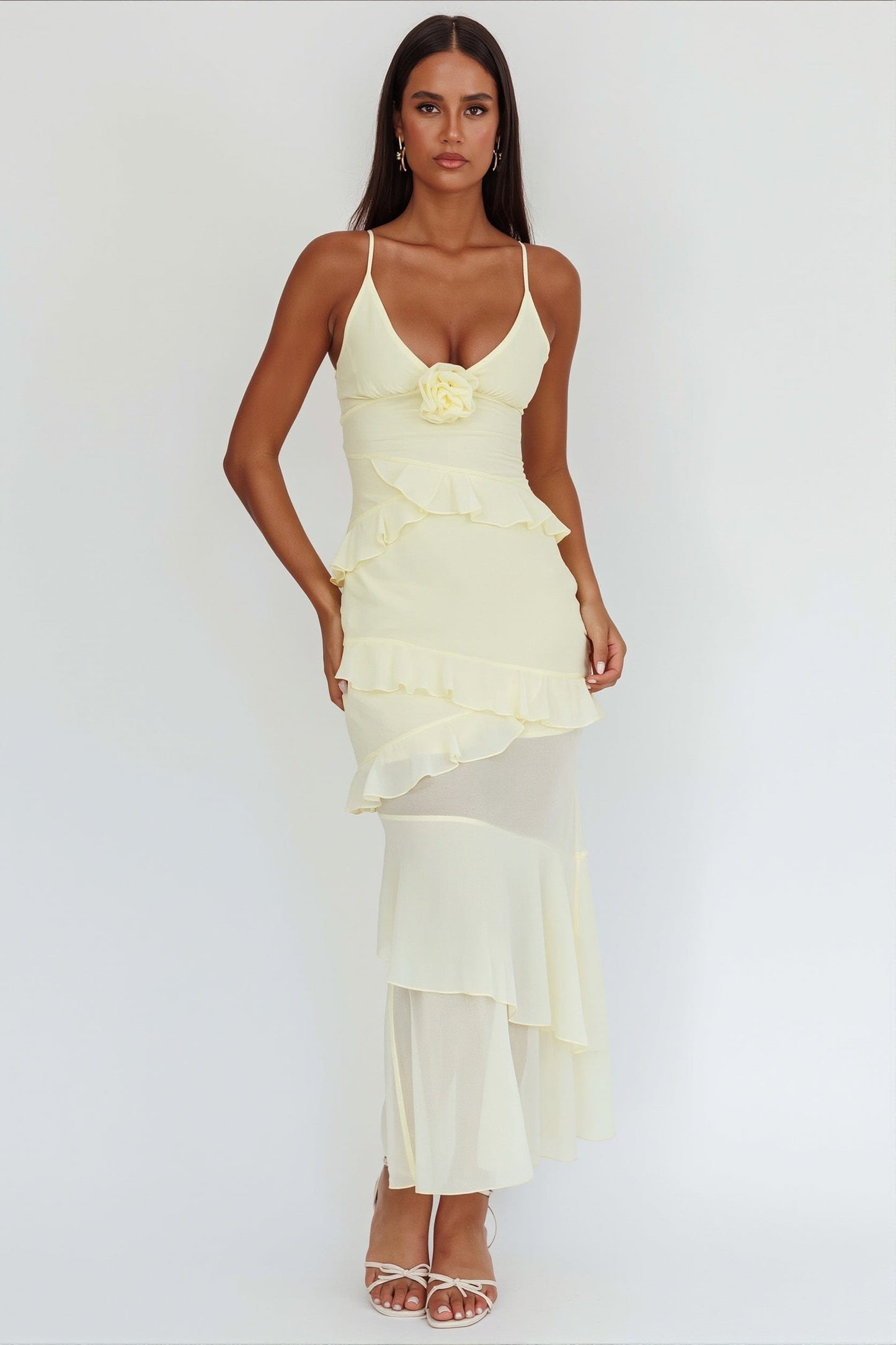 Dames Maxi Jurk Met Ruches En V Hals