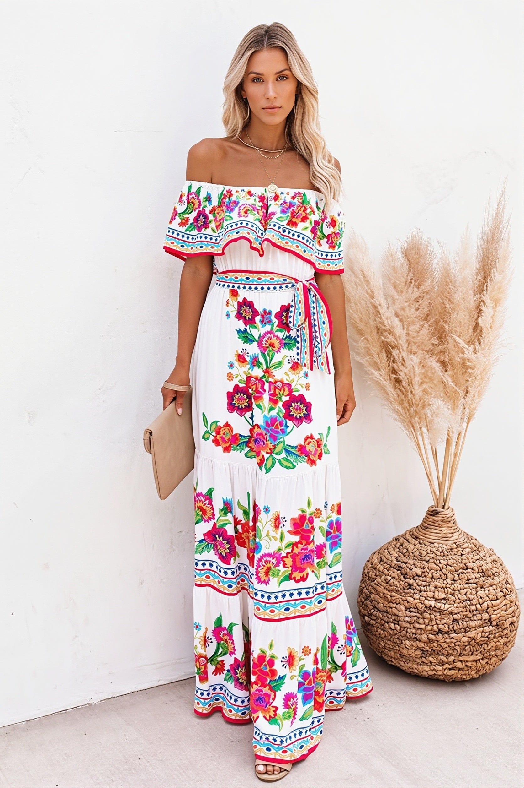 Dames Maxi Jurk Off Shoulder Met Ruches En Bloemenprint