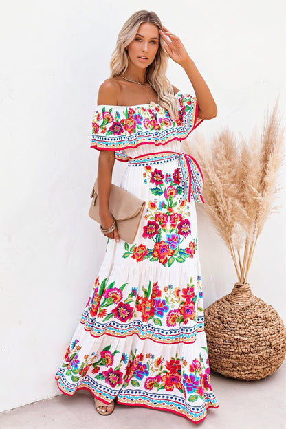 Dames Maxi Jurk Off Shoulder Met Ruches En Bloemenprint