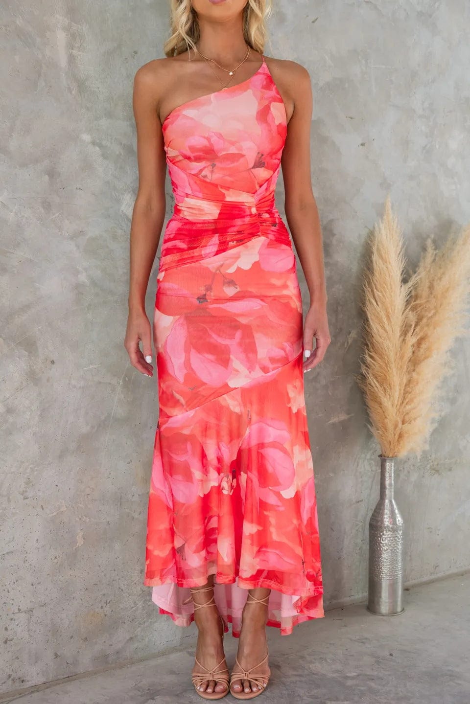 Dames Maxi Jurk One Shoulder Met Bloemenprint
